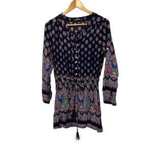 Navy Paisley Print Lightweight Long Sleeve Drawstring Waist Short Casual Dress M